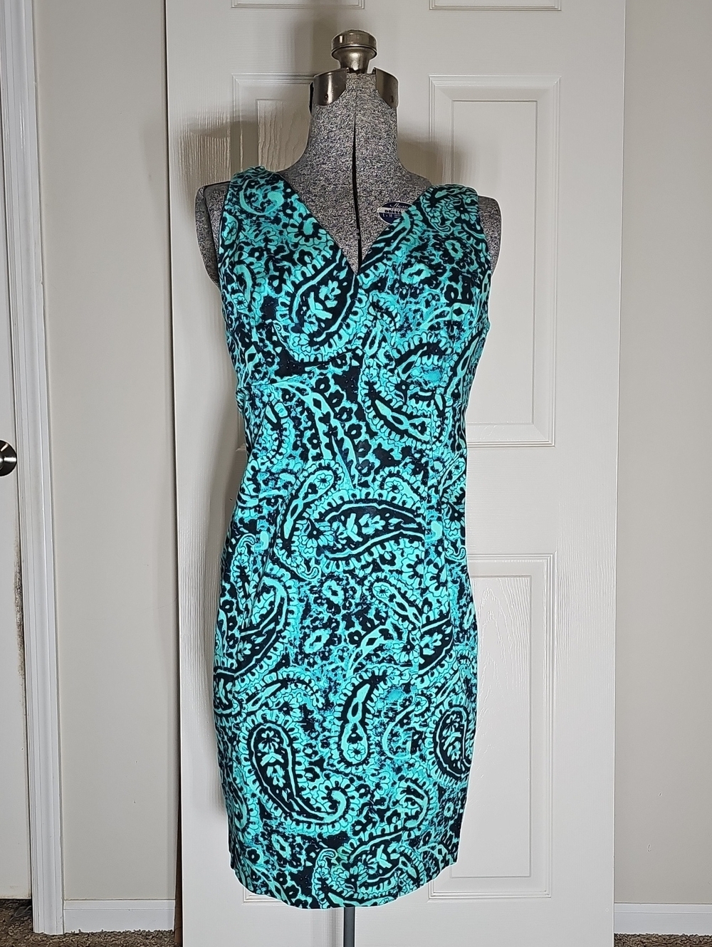 Jones New York Dress Sleeveless Green/Navy Blue Paisley Print Stretch Size 6